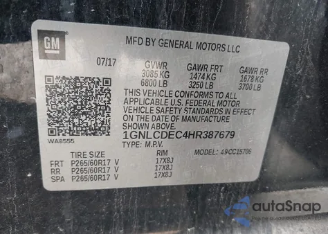 2017 Chevrolet Tahoe Commercial Fleet из США, поврежденный, VIN 1GNLCDEC4HR387679